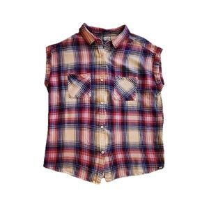 KAVU‎ Button Up Top Womens Sz L Plaid Sleeveless Western Festival Boho